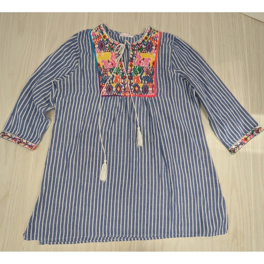 Top it off Women's Blue White Stripe Embroidered Linen blend Tunic Dress S/M